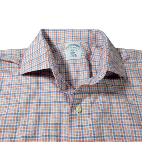 Brooks Brothers Dress Shirt Mens 16 4/5 Blue Orange Check Button Down - Picture 1 of 7